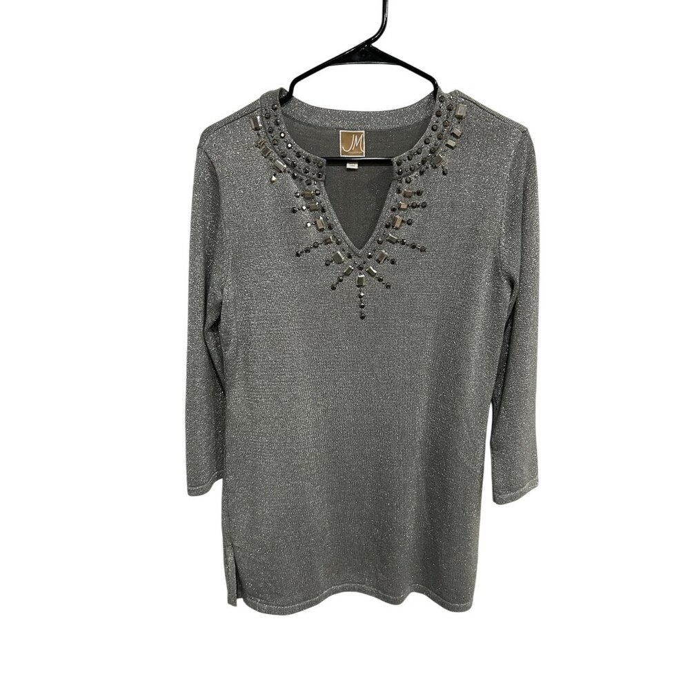 JM Collection Metallic Gray Beaded V-Neck Top Size S Glam Formal Party Holiday